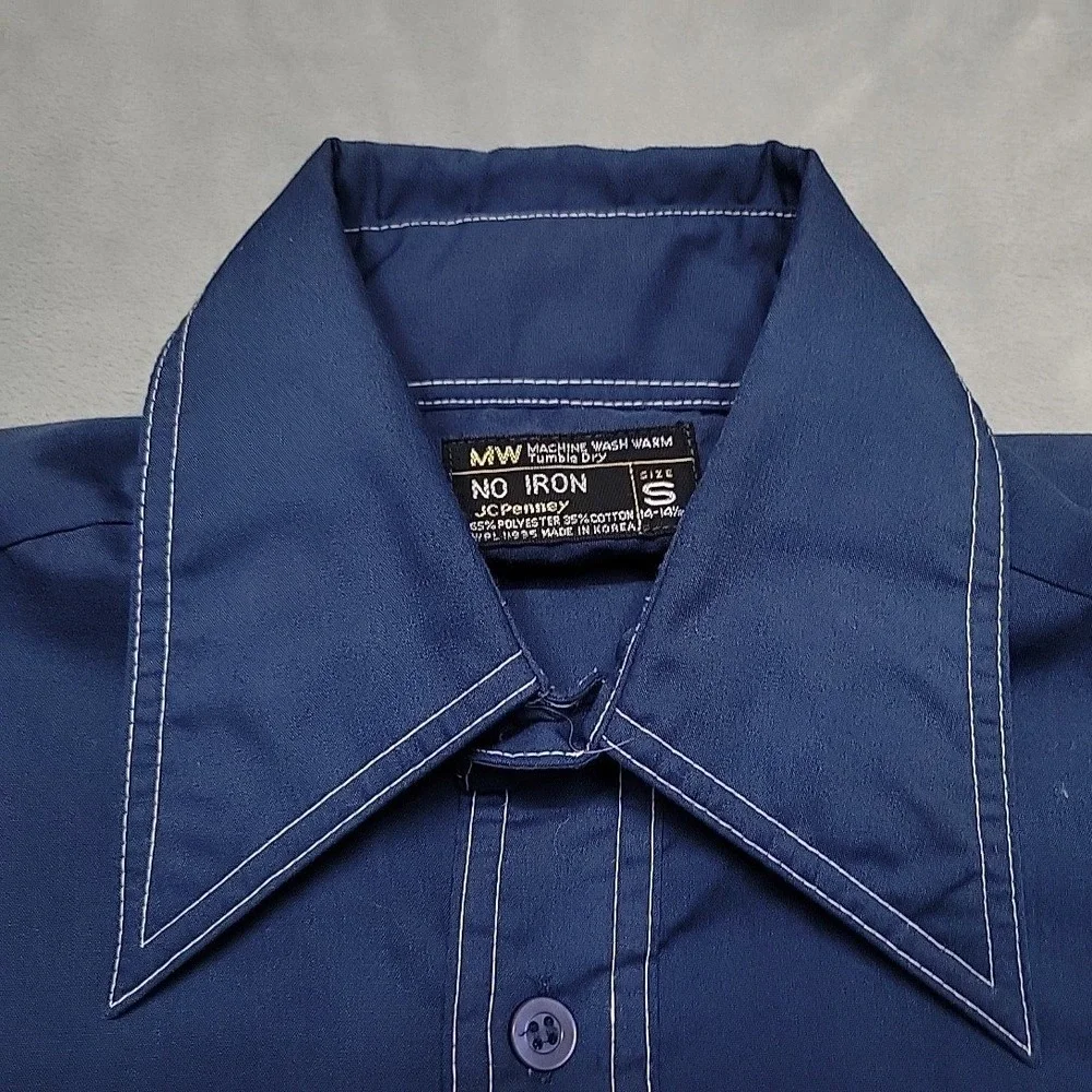 VTG JCPenney Shirt Boys Small Navy Blue No Iron Disco‎ Contrast Stitch Western
